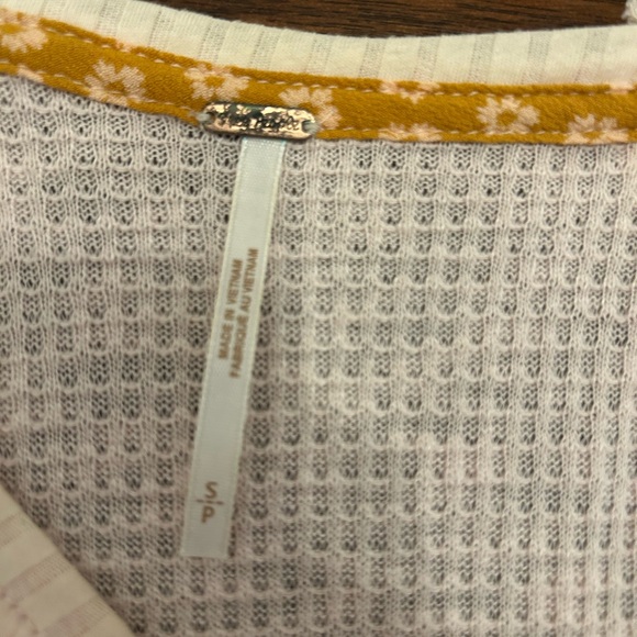 Free People Pink Waffle Knit Top with Mustard Floral Trim - Picture 3 of 3